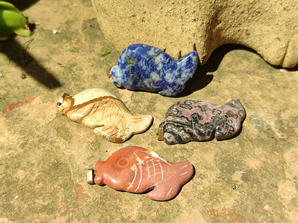 Hand Made Mixed Box Set of 12 Gemstone Fish Pendants with Gold Clasp - Sold Per Box - From World - Toprock Gemstones and Minerals 