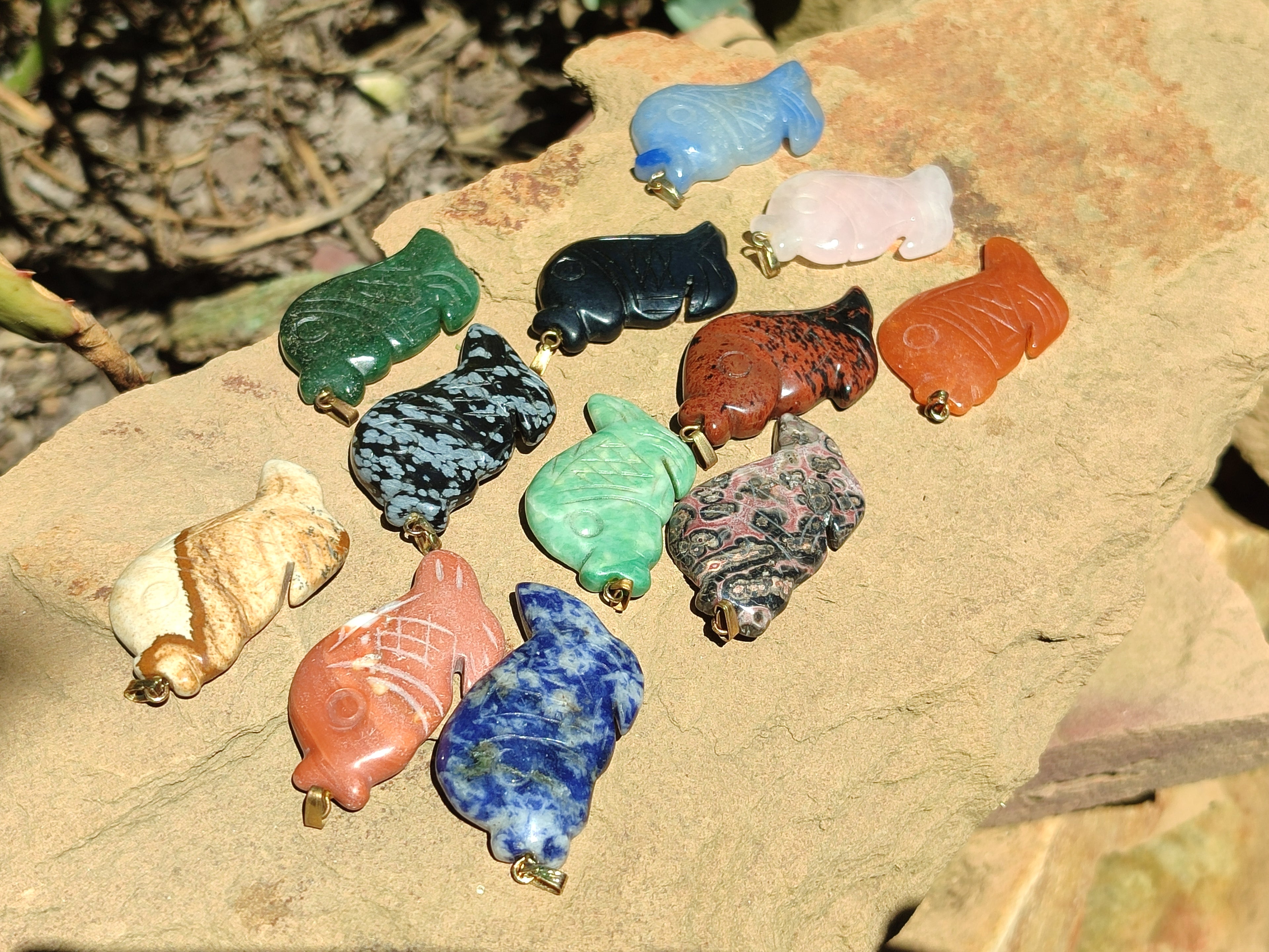 Hand Made Mixed Box Set of 12 Gemstone Fish Pendants with Gold Clasp - Sold Per Box - From World - Toprock Gemstones and Minerals 