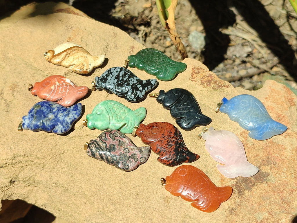 Hand Made Mixed Box Set of 12 Gemstone Fish Pendants with Gold Clasp - Sold Per Box - From World - Toprock Gemstones and Minerals 