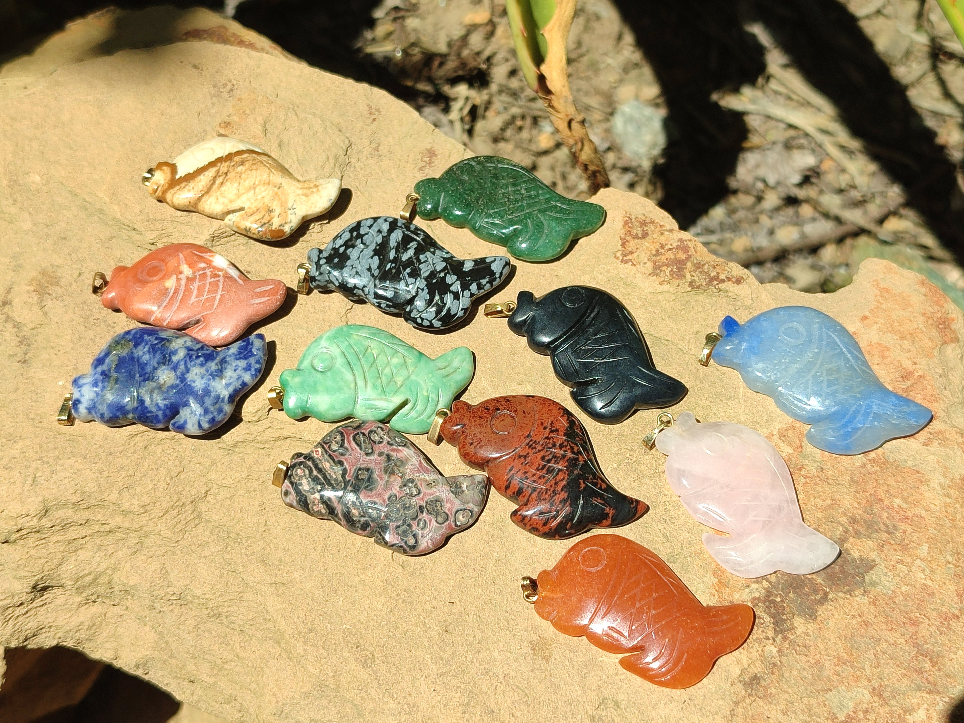 Hand Made Mixed Box Set of 12 Gemstone Fish Pendants with Gold Clasp - Sold Per Box - From World - Toprock Gemstones and Minerals 