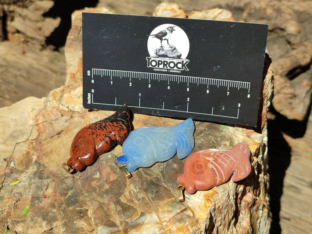 Hand Made Mixed Box Set of 12 Gemstone Fish Pendants with Gold Clasp - Sold Per Box - From World - Toprock Gemstones and Minerals 