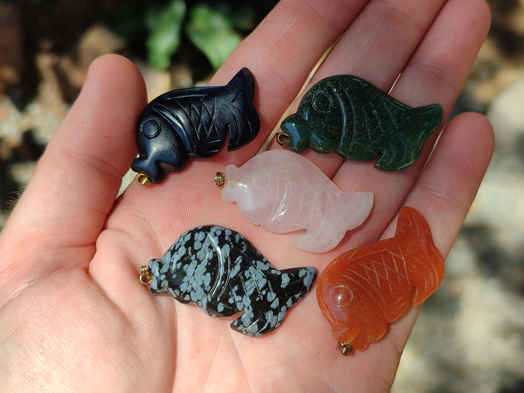 Hand Made Mixed Box Set of 12 Gemstone Fish Pendants with Gold Clasp - Sold Per Box - From World - Toprock Gemstones and Minerals 