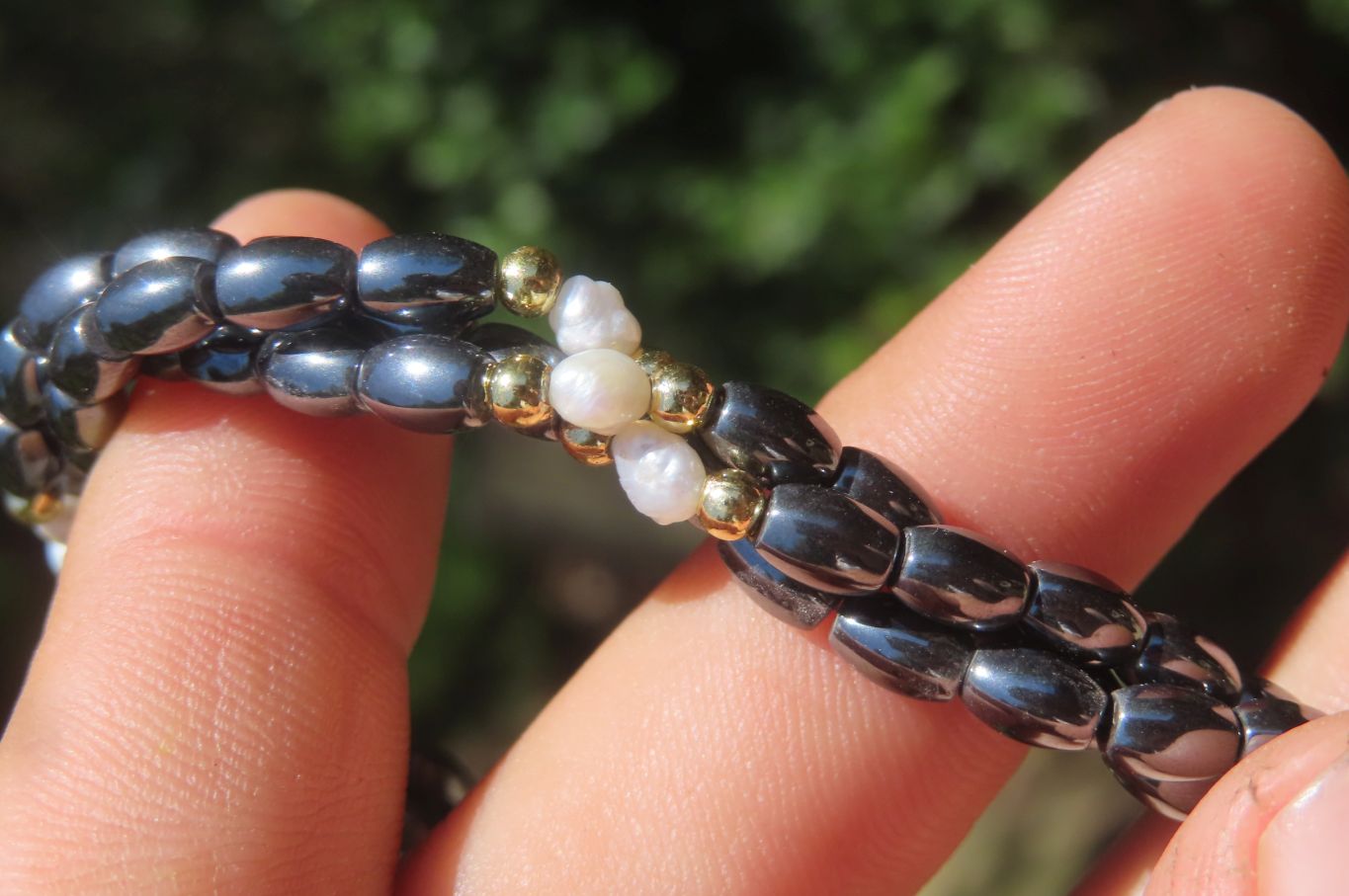 Polished Hematite and Freshwater Pearl Triple Twisted Beaded Necklace and Bracelet Set - Sold Per Item - From Southern Africa - Toprock Gemstones and Minerals 