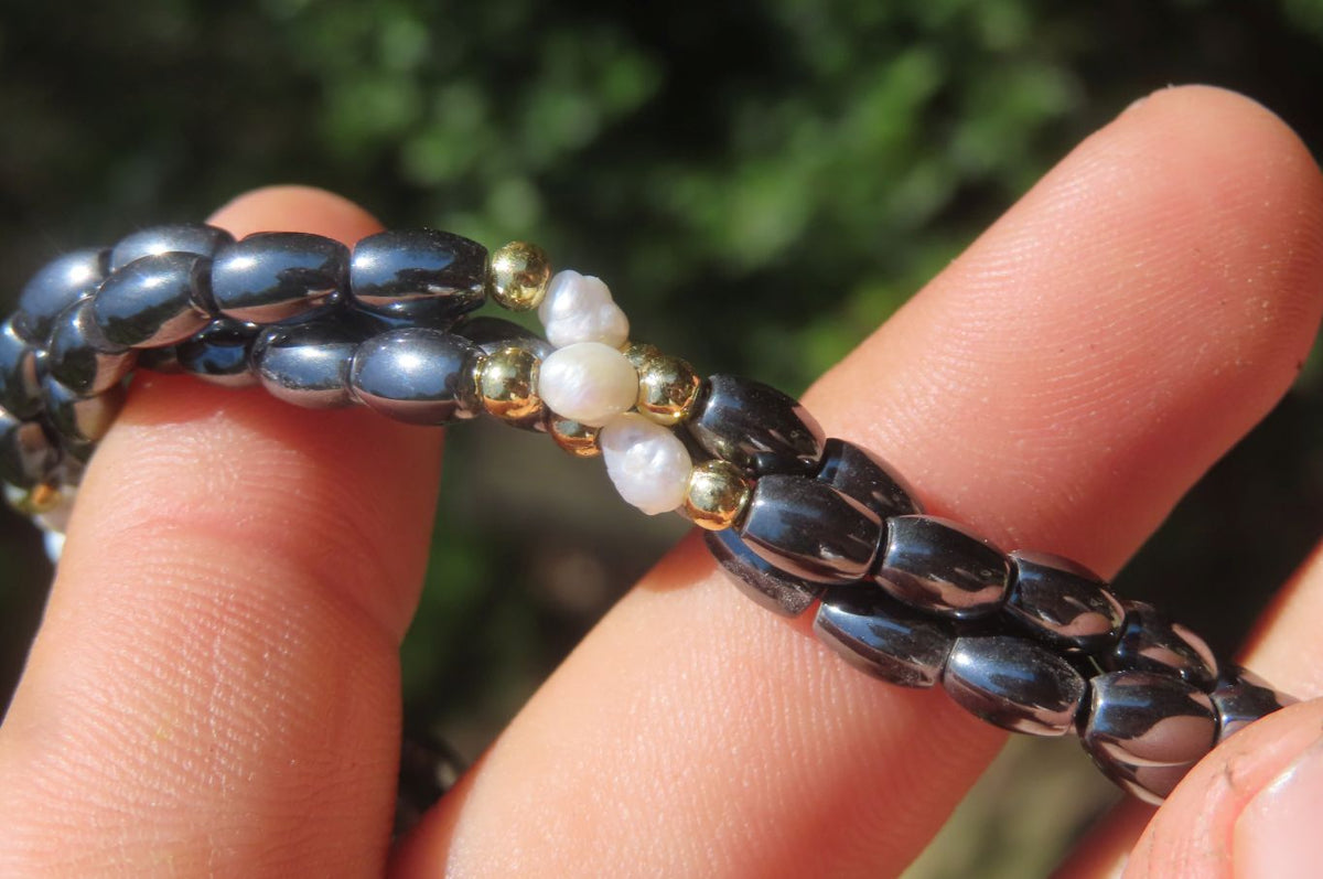 Polished Hematite and Freshwater Pearl Triple Twisted Beaded Necklace and Bracelet Set - Sold Per Item - From Southern Africa - Toprock Gemstones and Minerals 
