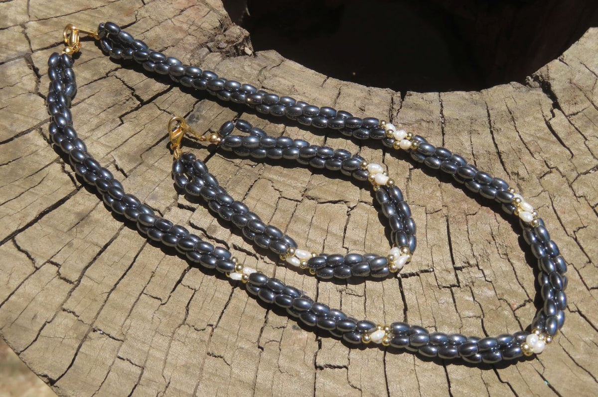 Polished Hematite and Freshwater Pearl Triple Twisted Beaded Necklace and Bracelet Set - Sold Per Item - From Southern Africa - Toprock Gemstones and Minerals 