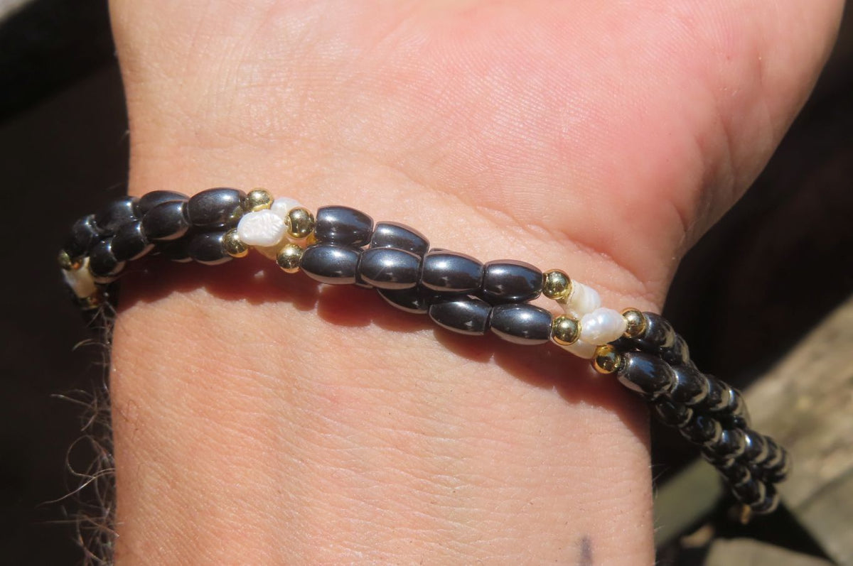 Polished Hematite and Freshwater Pearl Triple Twisted Beaded Necklace and Bracelet Set - Sold Per Item - From Southern Africa - Toprock Gemstones and Minerals 