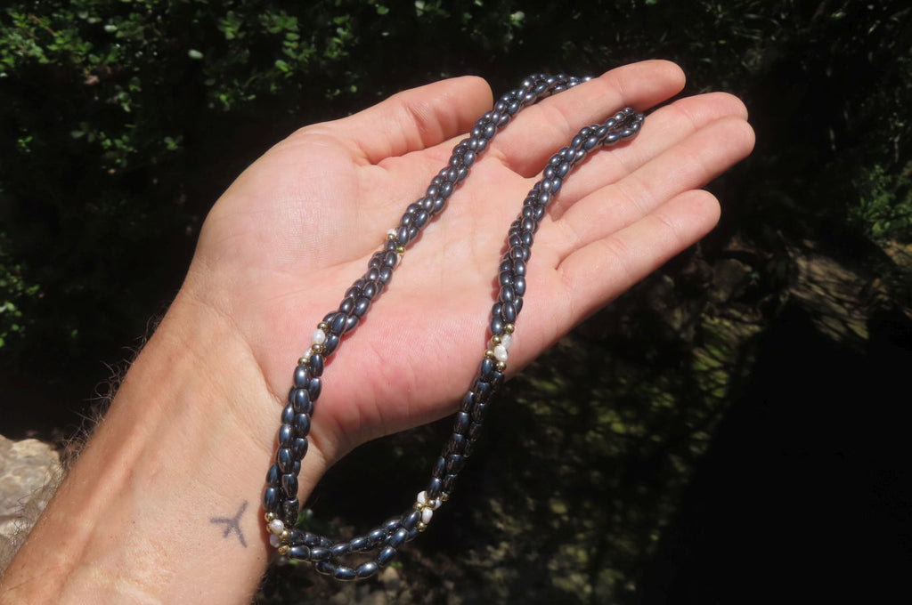 Polished Hematite and Freshwater Pearl Triple Twisted Beaded Necklace and Bracelet Set - Sold Per Item - From Southern Africa - Toprock Gemstones and Minerals 
