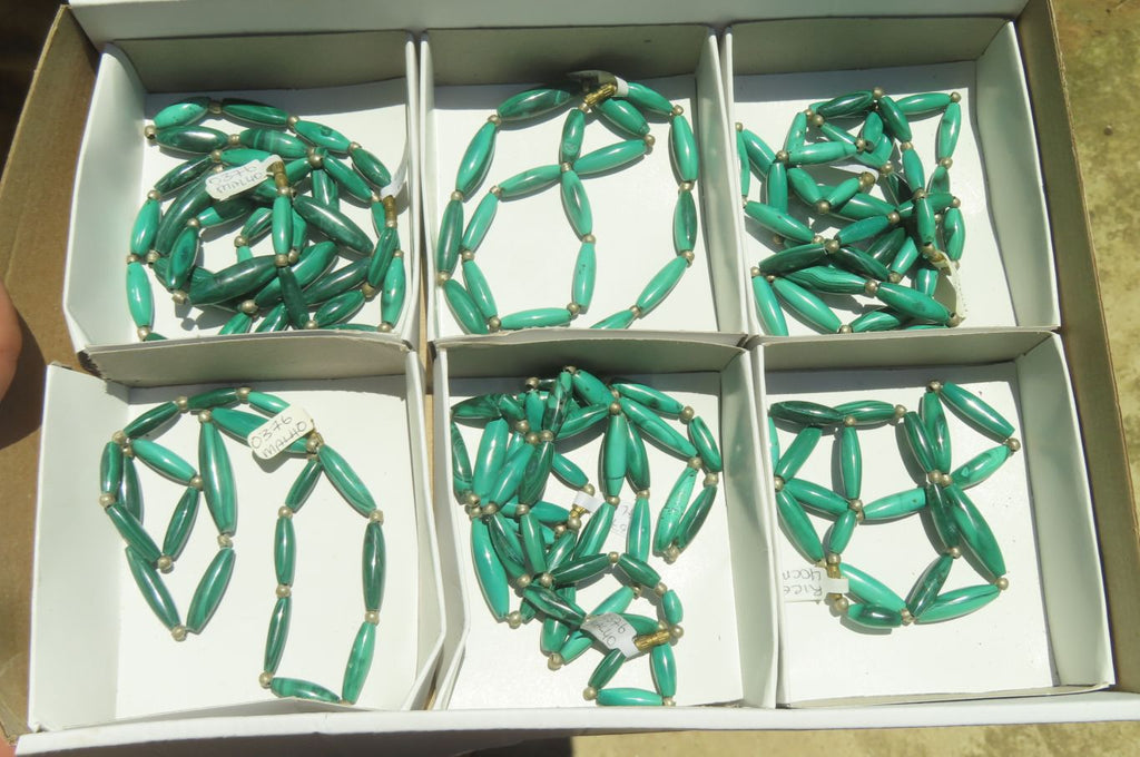 Polished Medium Malachite Barrel Shaped Beaded Necklace - Sold Per Item - From Congo - Toprock Gemstones and Minerals 