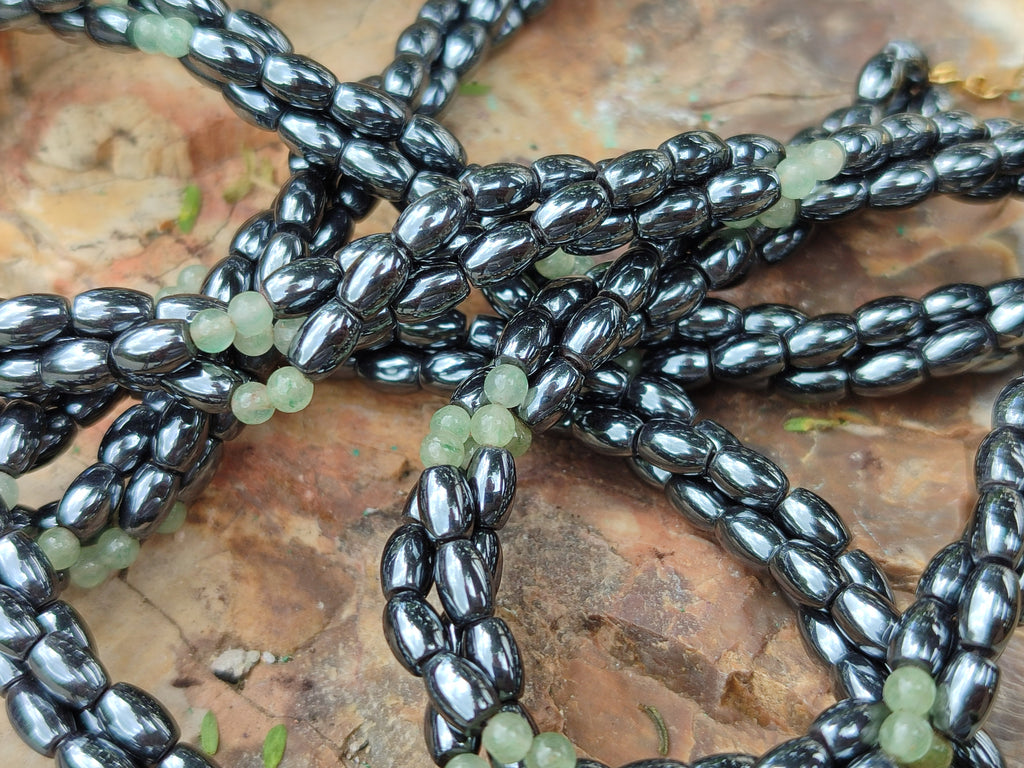 Polished Hematite and Aventurine combo Triple Twisted Beaded Necklace and Bracelet Set - Sold Per Item - From China - Toprock Gemstones and Minerals 