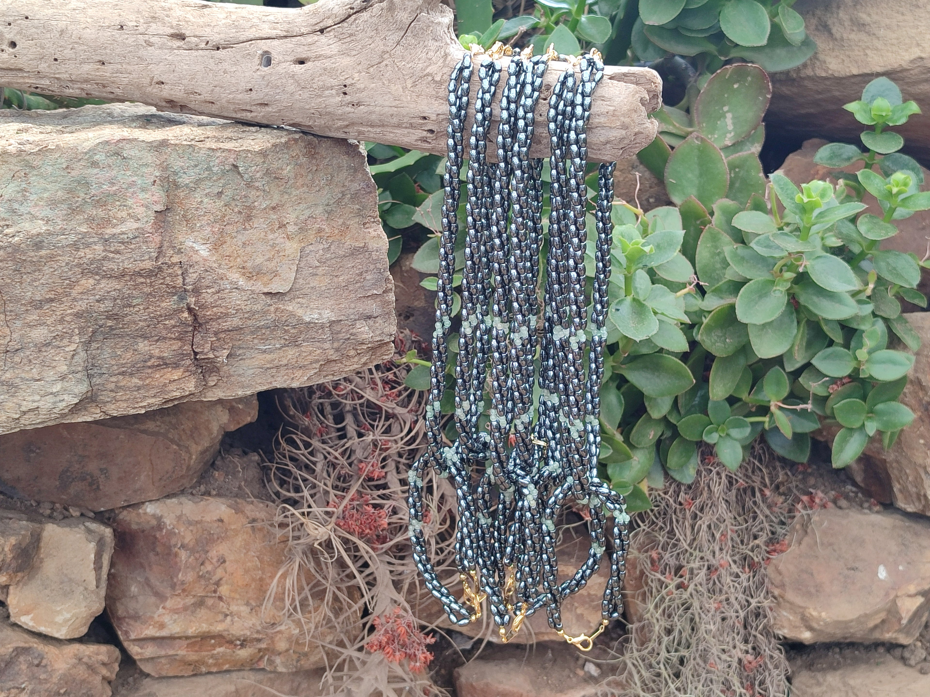 Polished Hematite and Aventurine combo Triple Twisted Beaded Necklace and Bracelet Set - Sold Per Item - From China - Toprock Gemstones and Minerals 