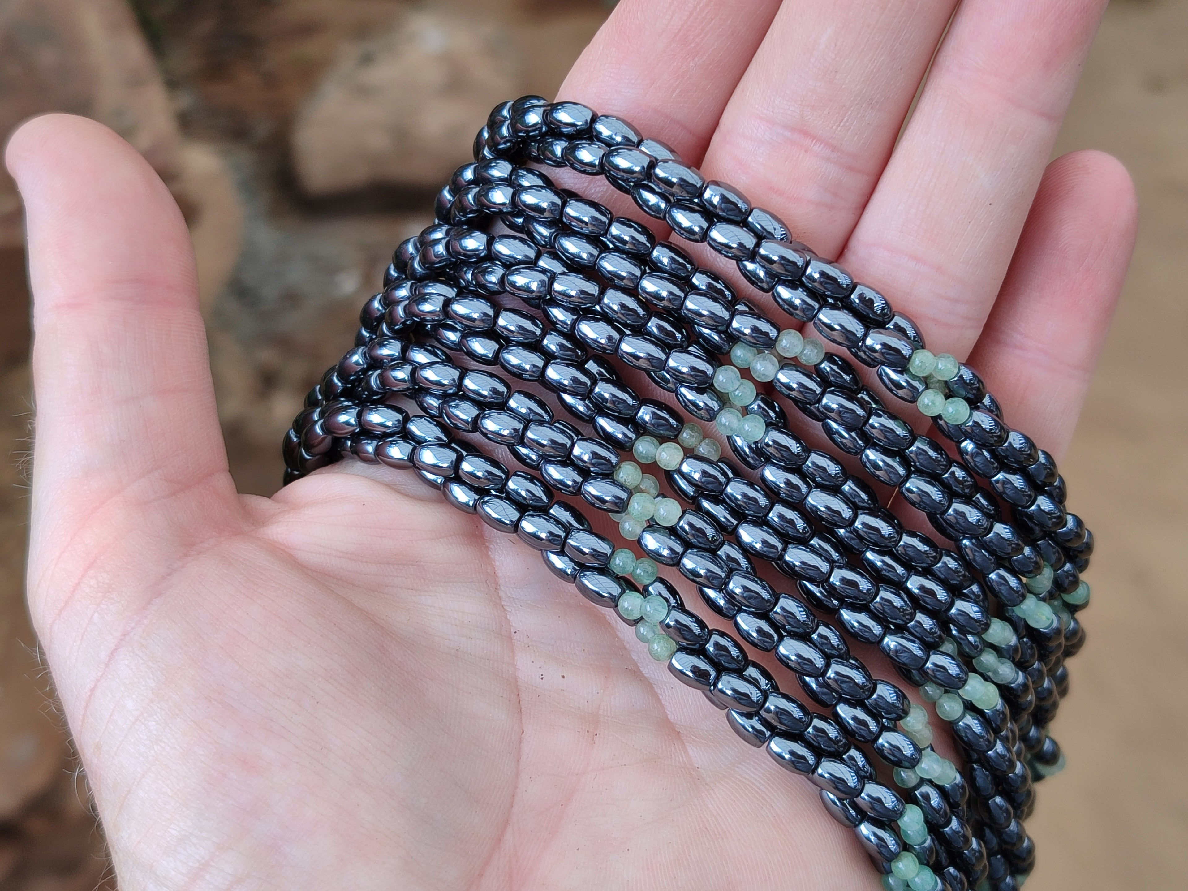 Polished Hematite and Aventurine combo Triple Twisted Beaded Necklace and Bracelet Set - Sold Per Item - From China - Toprock Gemstones and Minerals 