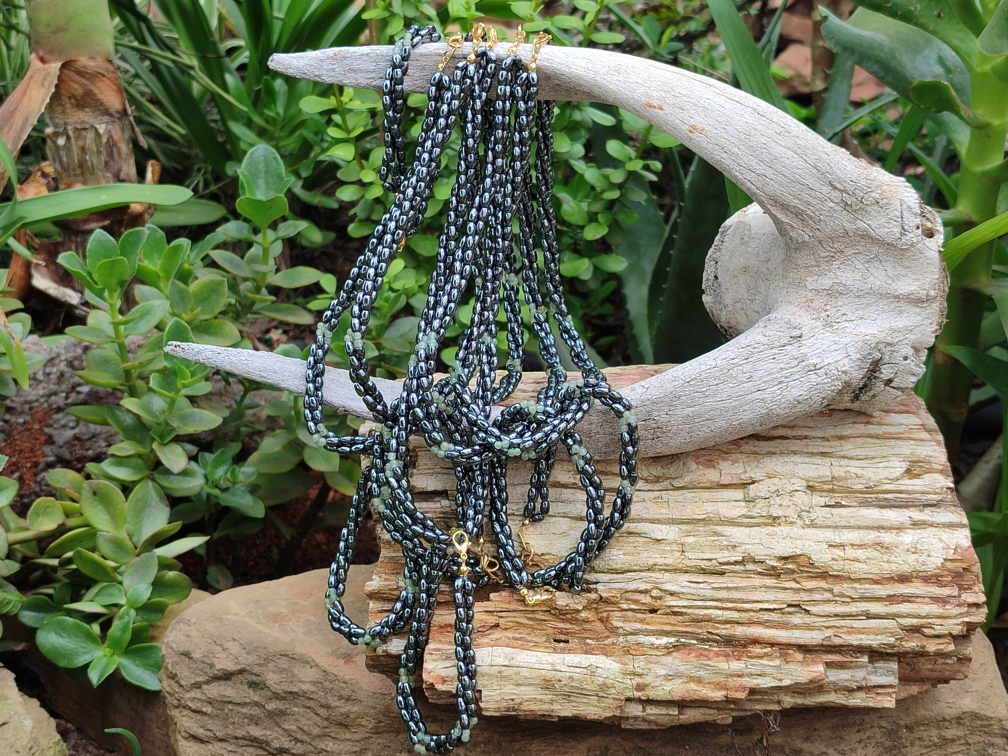 Polished Hematite and Aventurine combo Triple Twisted Beaded Necklace and Bracelet Set - Sold Per Item - From China - Toprock Gemstones and Minerals 