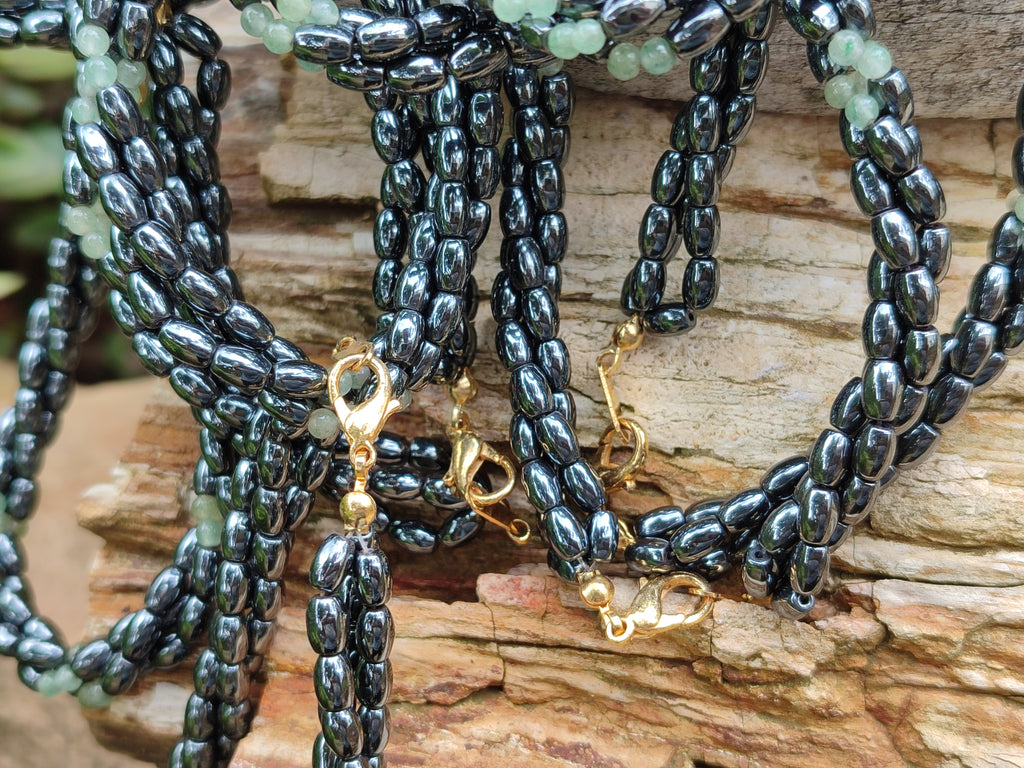 Polished Hematite and Aventurine combo Triple Twisted Beaded Necklace and Bracelet Set - Sold Per Item - From China - Toprock Gemstones and Minerals 