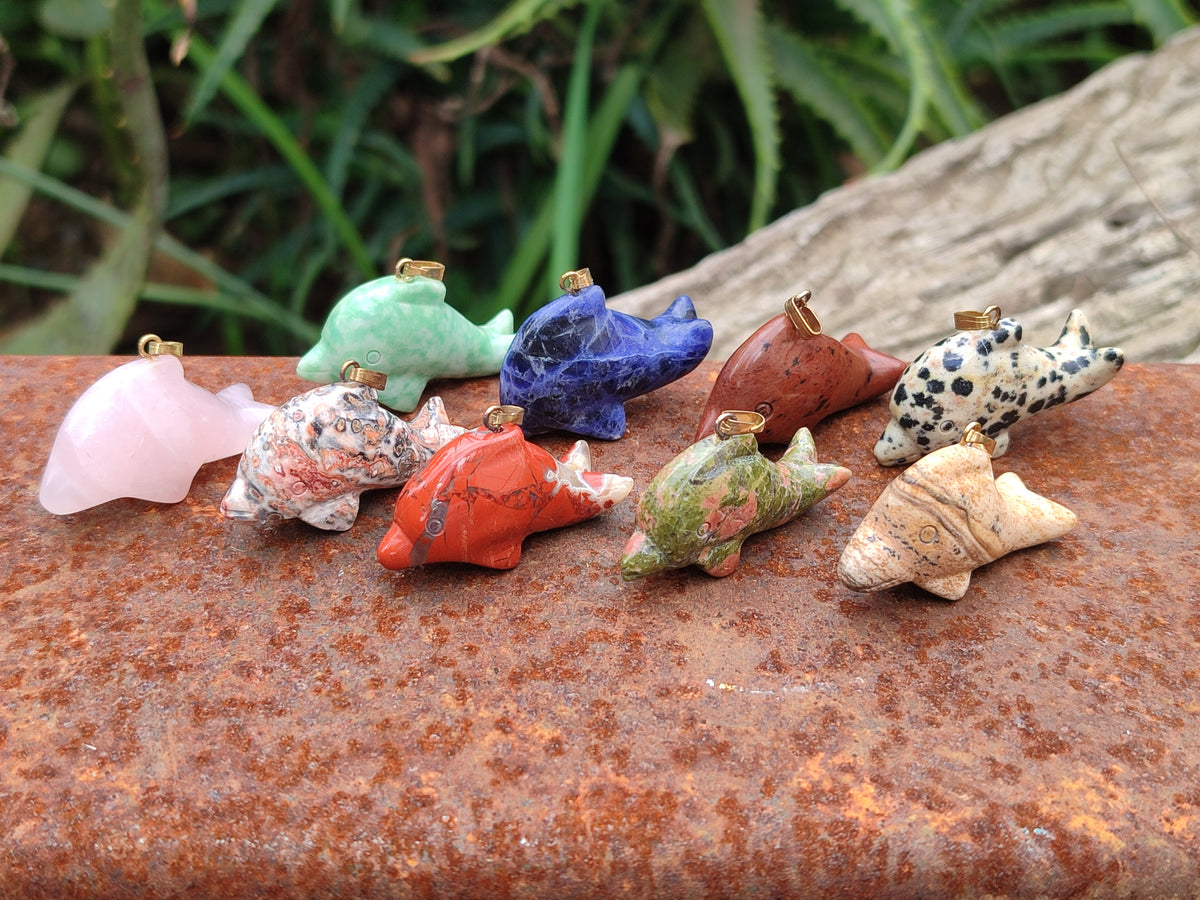 Polished Mixed Set Of 12 Gemstone Dolphin Pendants - Sold Per Box - From Southern Africa - Toprock Gemstones and Minerals 