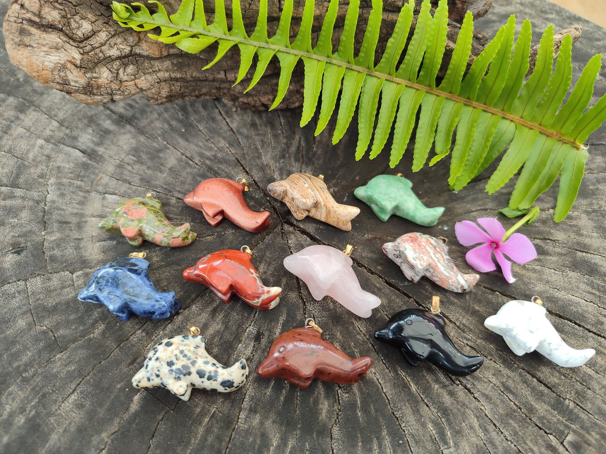 Polished Mixed Set Of 12 Gemstone Dolphin Pendants - Sold Per Box - From Southern Africa - Toprock Gemstones and Minerals 