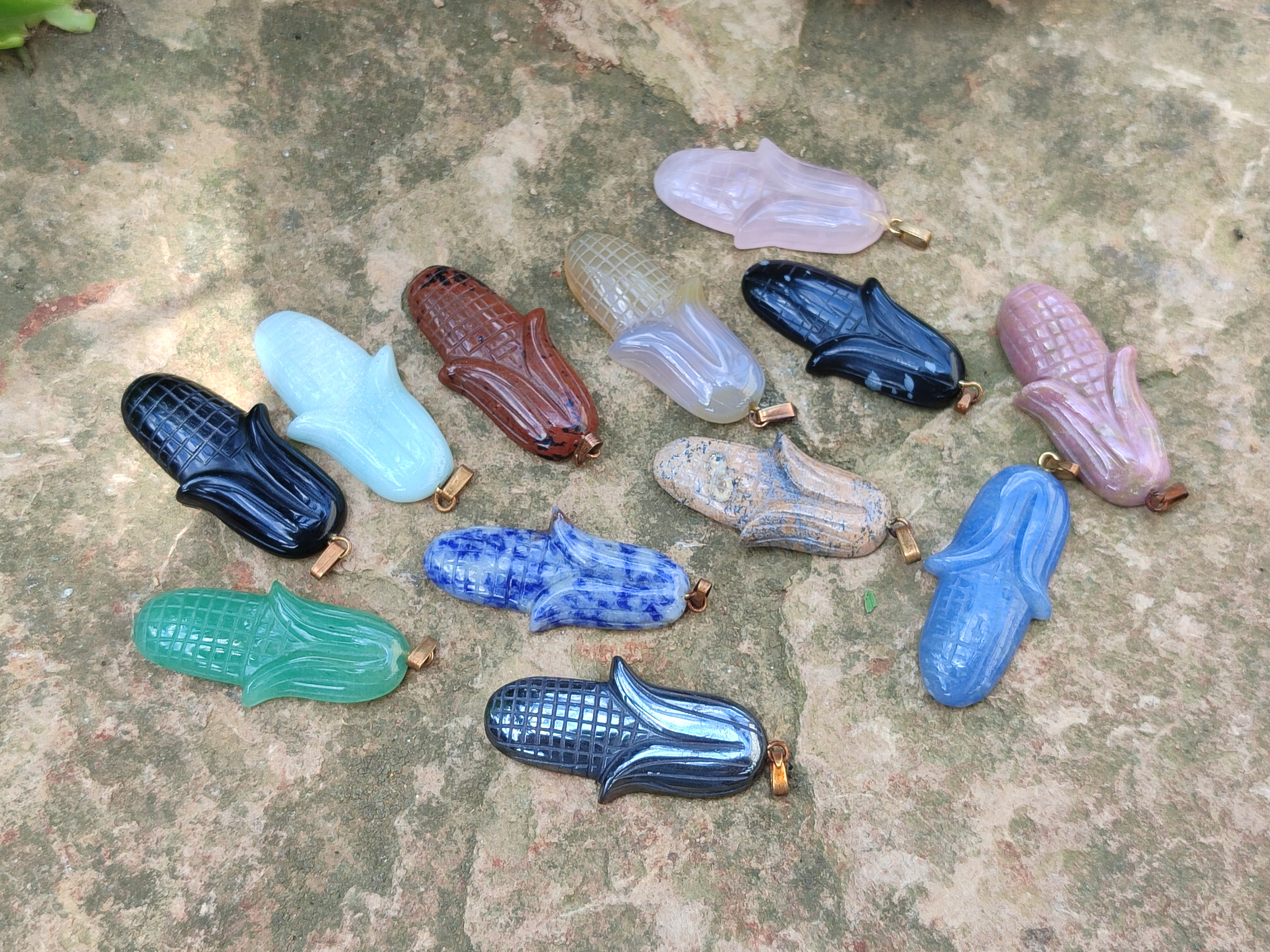Hand Made Mixed Set Of 12 Gemstone Maize / Corn Cob Pendants - Sold Per Box - From World - Toprock Gemstones and Minerals 