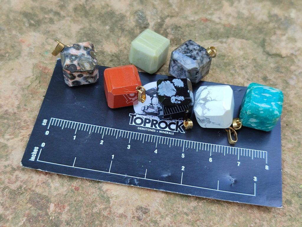 Hand Made Mixed Box Set of 12 Gemstone Dice Pendants - Sold Per Box - From World - Toprock Gemstones and Minerals 