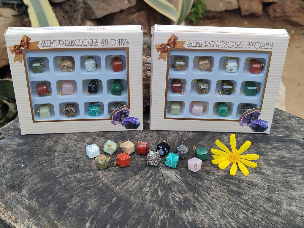 Hand Made Mixed Box Set of 12 Gemstone Dice Pendants - Sold Per Box - From World - Toprock Gemstones and Minerals 