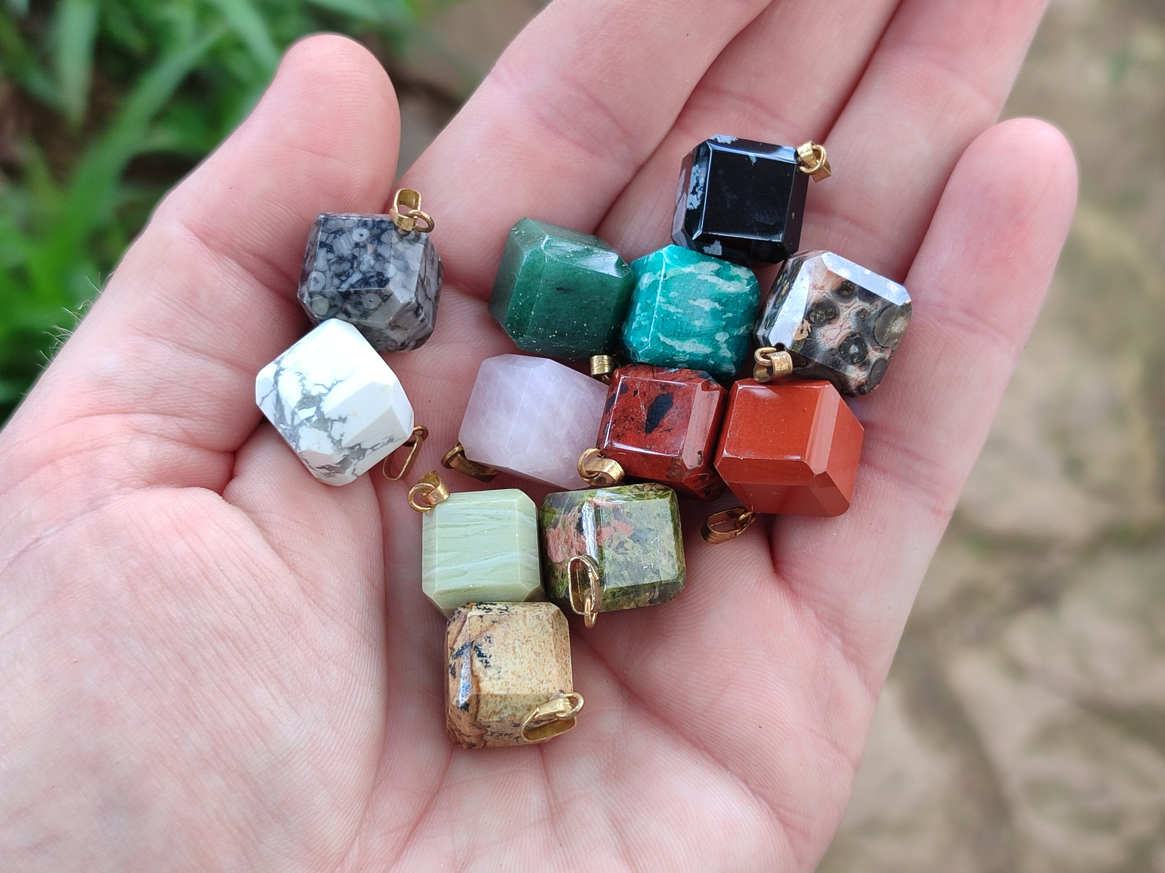 Hand Made Mixed Box Set of 12 Gemstone Dice Pendants - Sold Per Box - From World - Toprock Gemstones and Minerals 