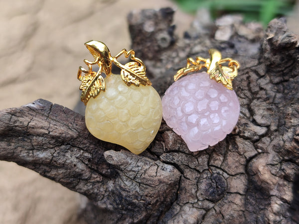 Hand Made Mixed Box Set of 12 Gemstone Strawberry Pendants with Gold Leaf Clasp - Sold Per Box - From World