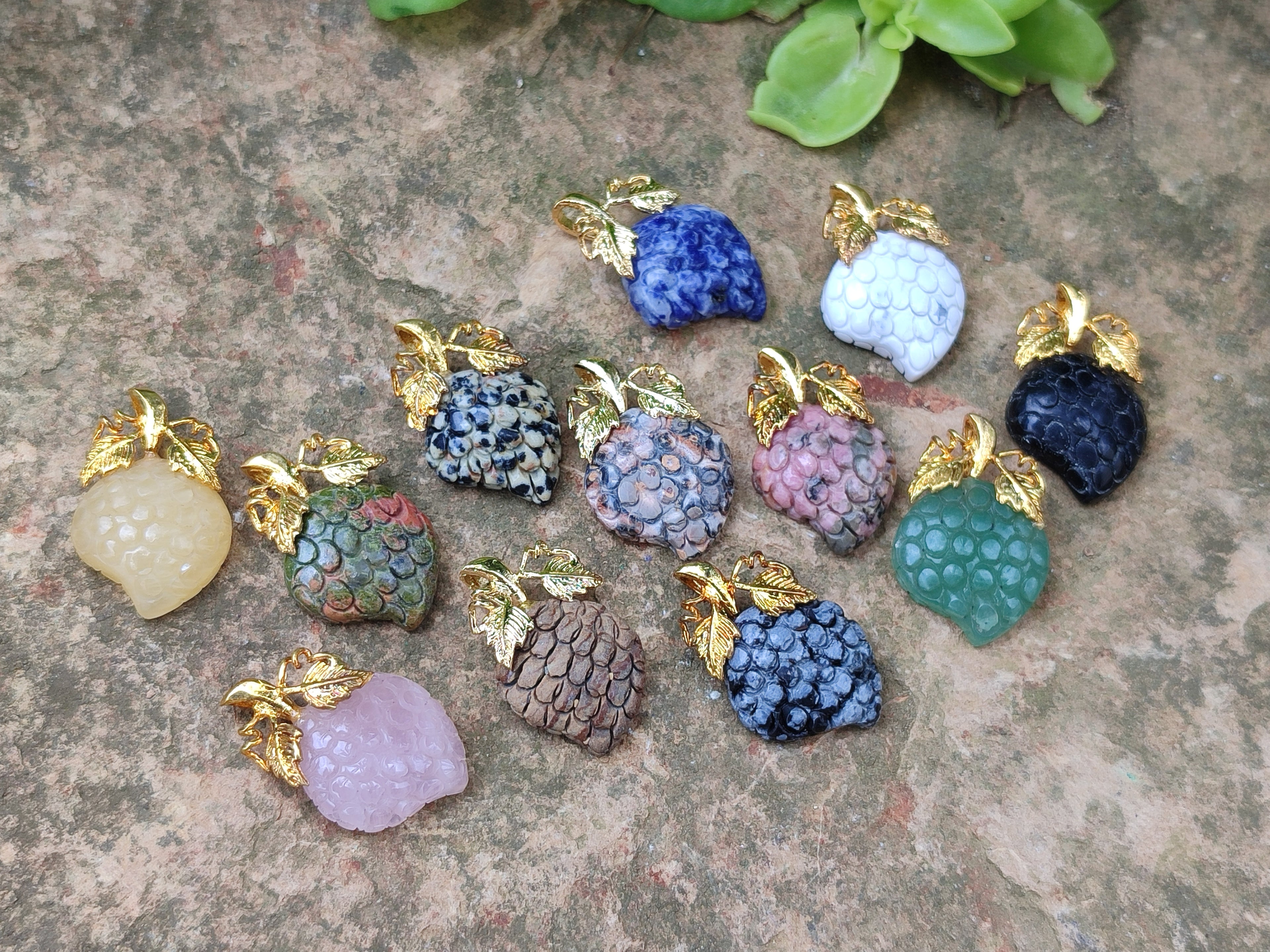 Hand Made Mixed Box Set of 12 Gemstone Strawberry Pendants with Gold Leaf Clasp - Sold Per Box - From World - Toprock Gemstones and Minerals 