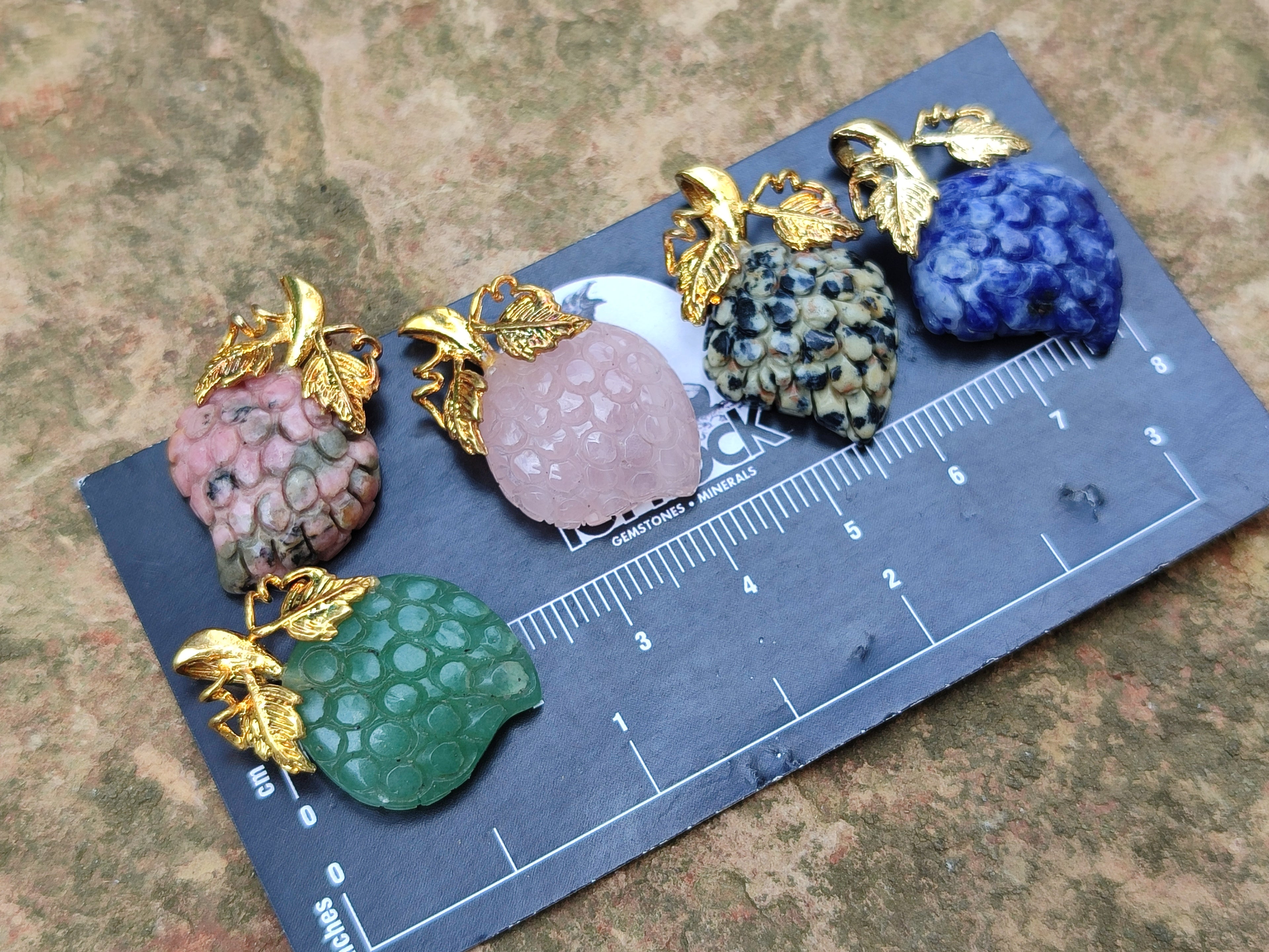 Hand Made Mixed Box Set of 12 Gemstone Strawberry Pendants with Gold Leaf Clasp - Sold Per Box - From World - Toprock Gemstones and Minerals 