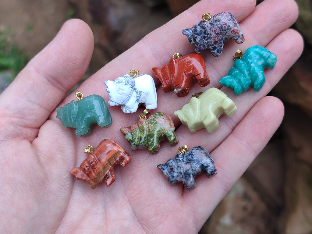Hand Made Mixed Box Set of 12 Gemstone Elephant Pendants with Gold Clasp - Sold Per Box - From World - Toprock Gemstones and Minerals 