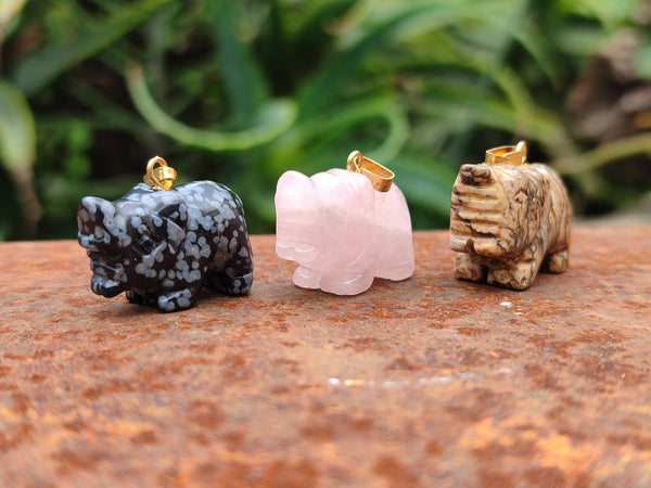 Hand Made Mixed Box Set of 12 Gemstone Elephant Pendants with Gold Clasp - Sold Per Box - From World