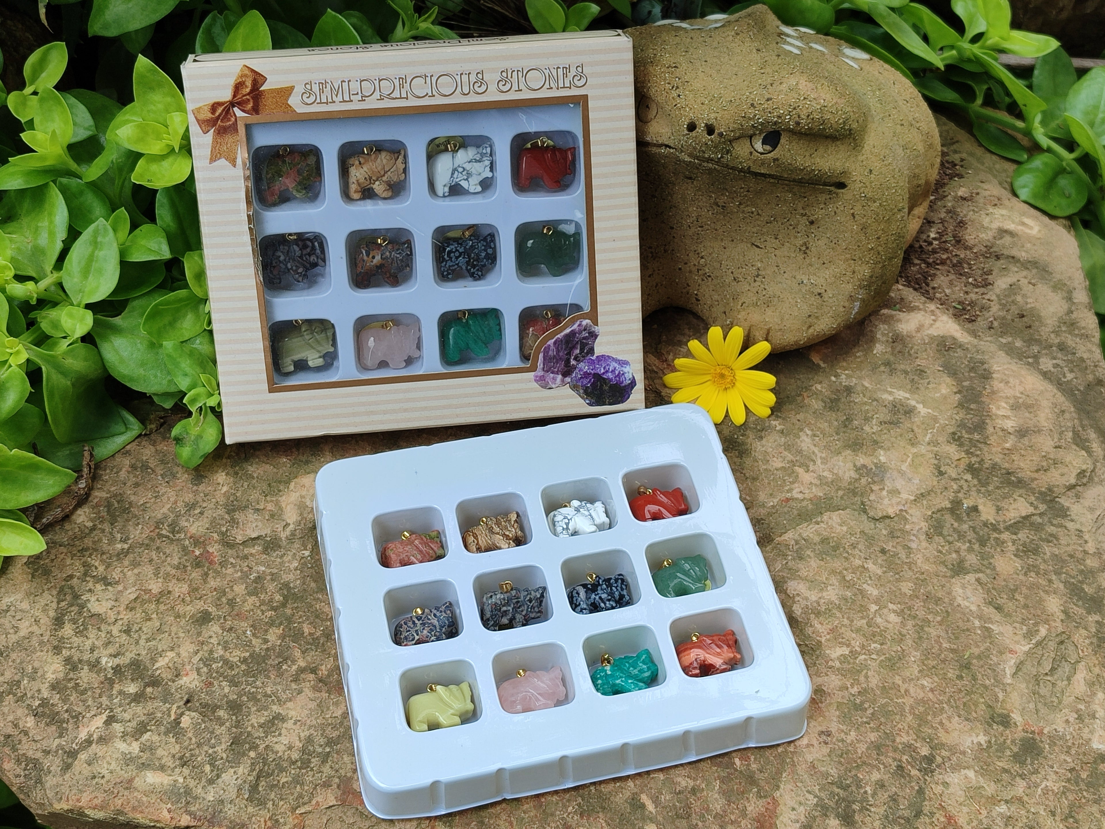 Hand Made Mixed Box Set of 12 Gemstone Elephant Pendants with Gold Clasp - Sold Per Box - From World - Toprock Gemstones and Minerals 