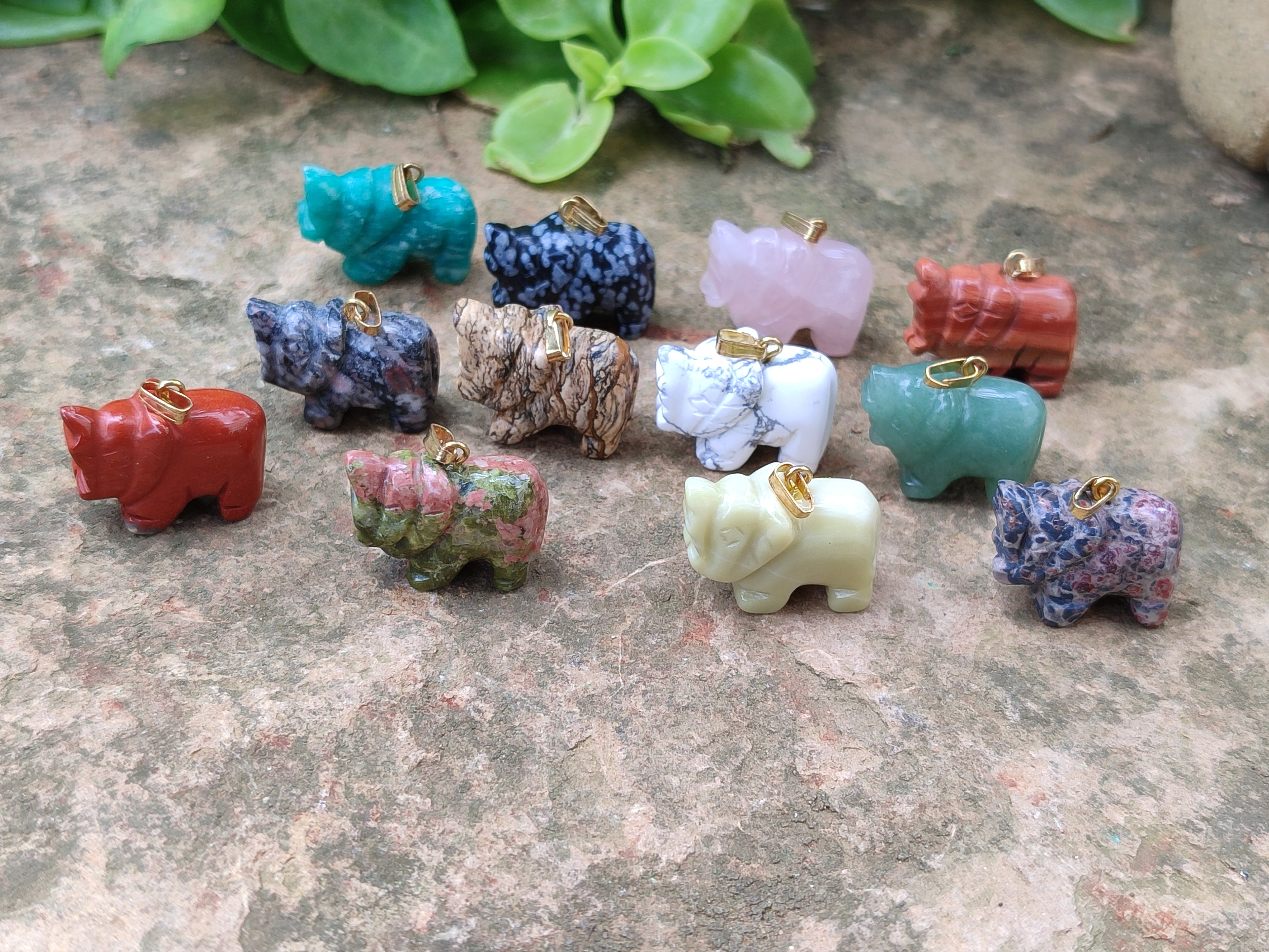 Hand Made Mixed Box Set of 12 Gemstone Elephant Pendants with Gold Clasp - Sold Per Box - From World - Toprock Gemstones and Minerals 