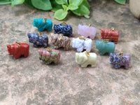 Hand Made Mixed Box Set of 12 Gemstone Elephant Pendants with Gold Clasp - Sold Per Box - From World