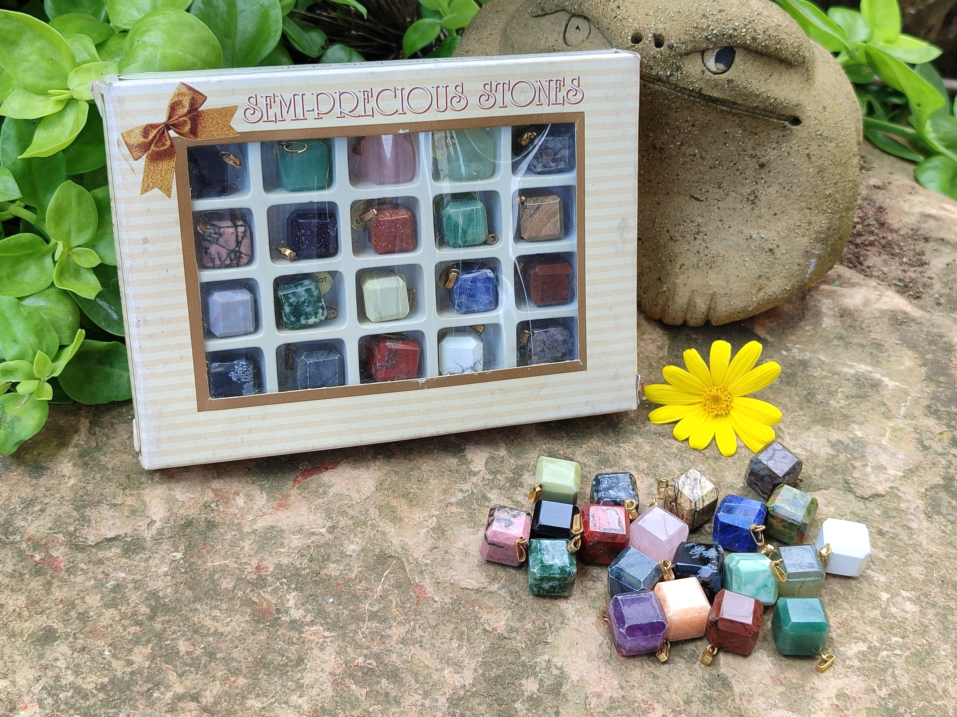 Hand Made Mixed Box Set of 20 Gemstone Dice Pendants with Gold Clasp - Sold Per Box - From World - Toprock Gemstones and Minerals 