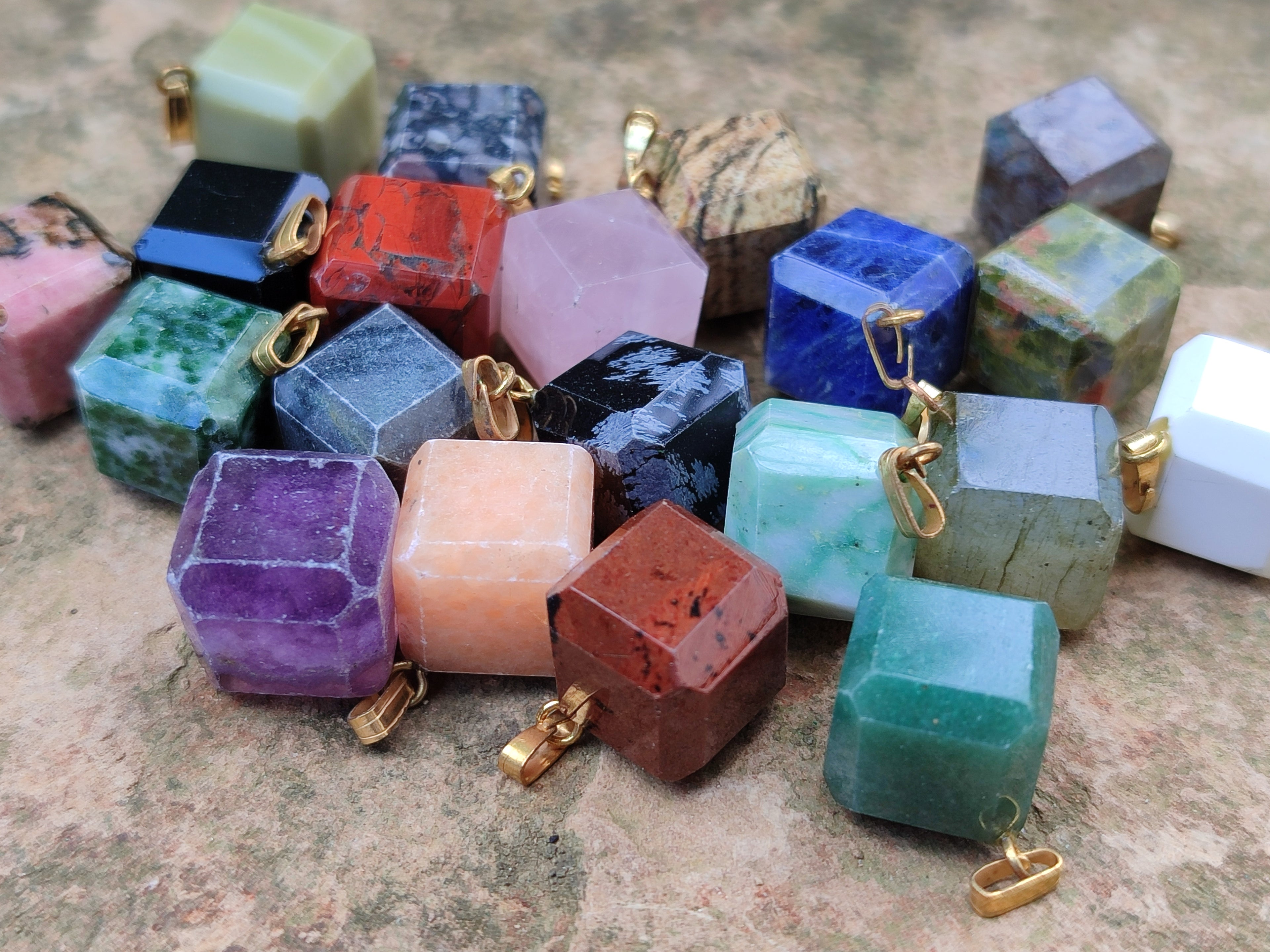Hand Made Mixed Box Set of 20 Gemstone Dice Pendants with Gold Clasp - Sold Per Box - From World - Toprock Gemstones and Minerals 