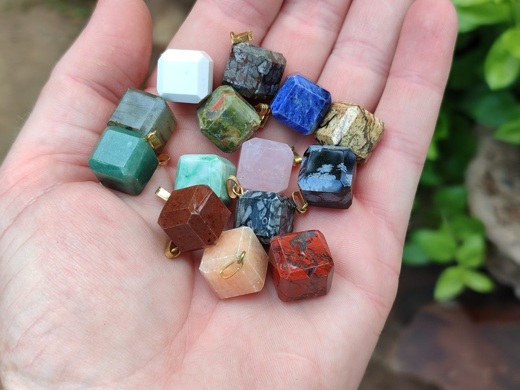 Hand Made Mixed Box Set of 20 Gemstone Dice Pendants with Gold Clasp - Sold Per Box - From World - Toprock Gemstones and Minerals 