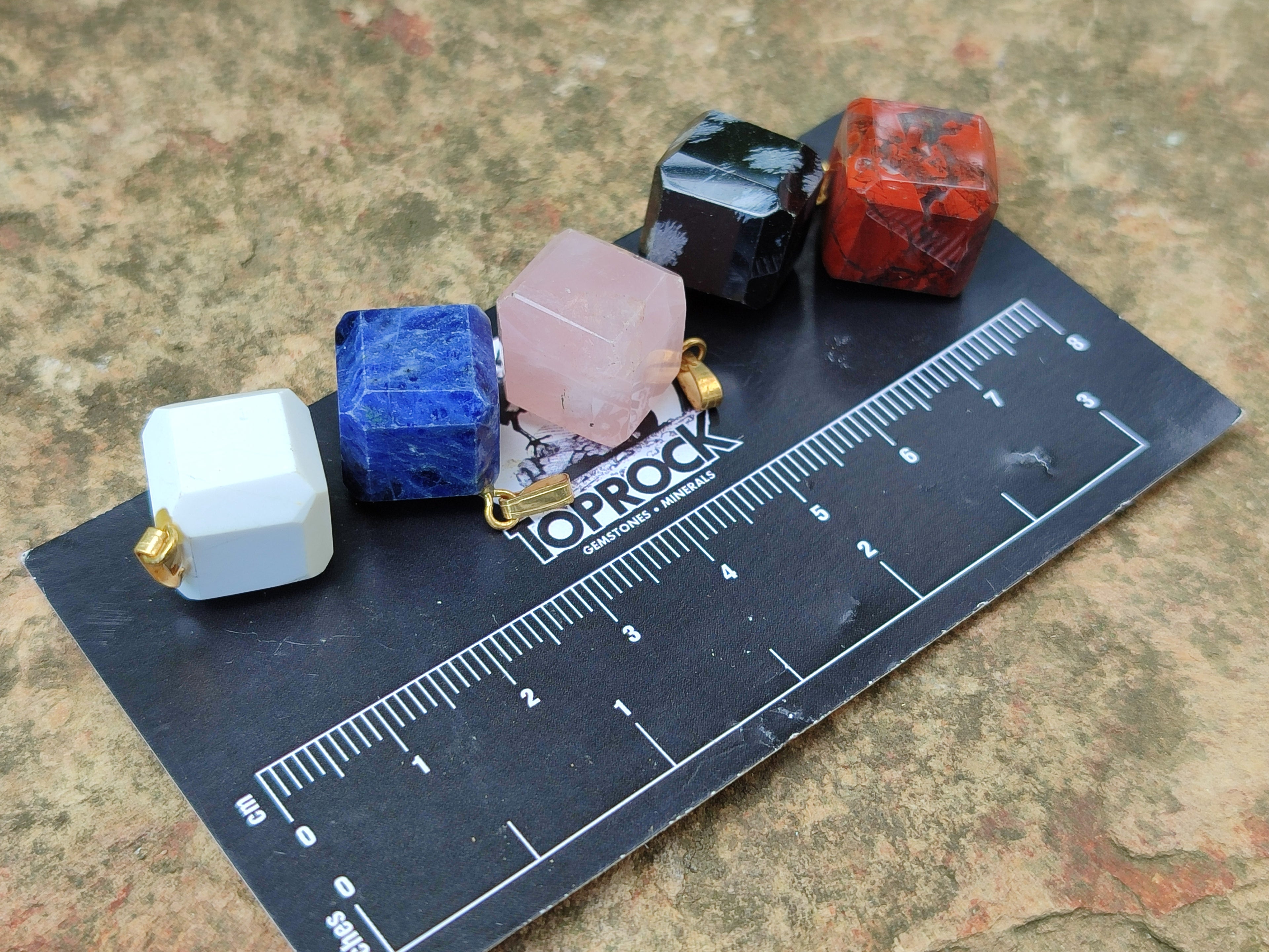 Hand Made Mixed Box Set of 20 Gemstone Dice Pendants with Gold Clasp - Sold Per Box - From World - Toprock Gemstones and Minerals 