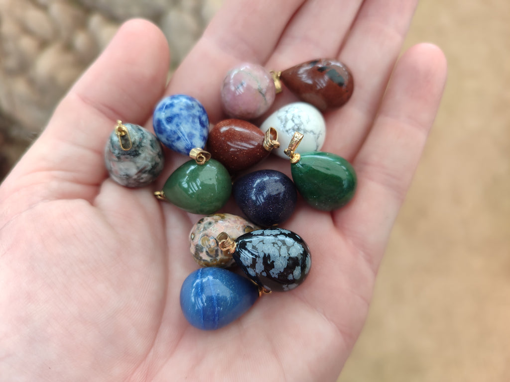 Hand Made Mixed Box Set of 12 Mini Gemstone Teardrop Pendants with Gold Clasp - Sold Per Box - From World - Toprock Gemstones and Minerals 