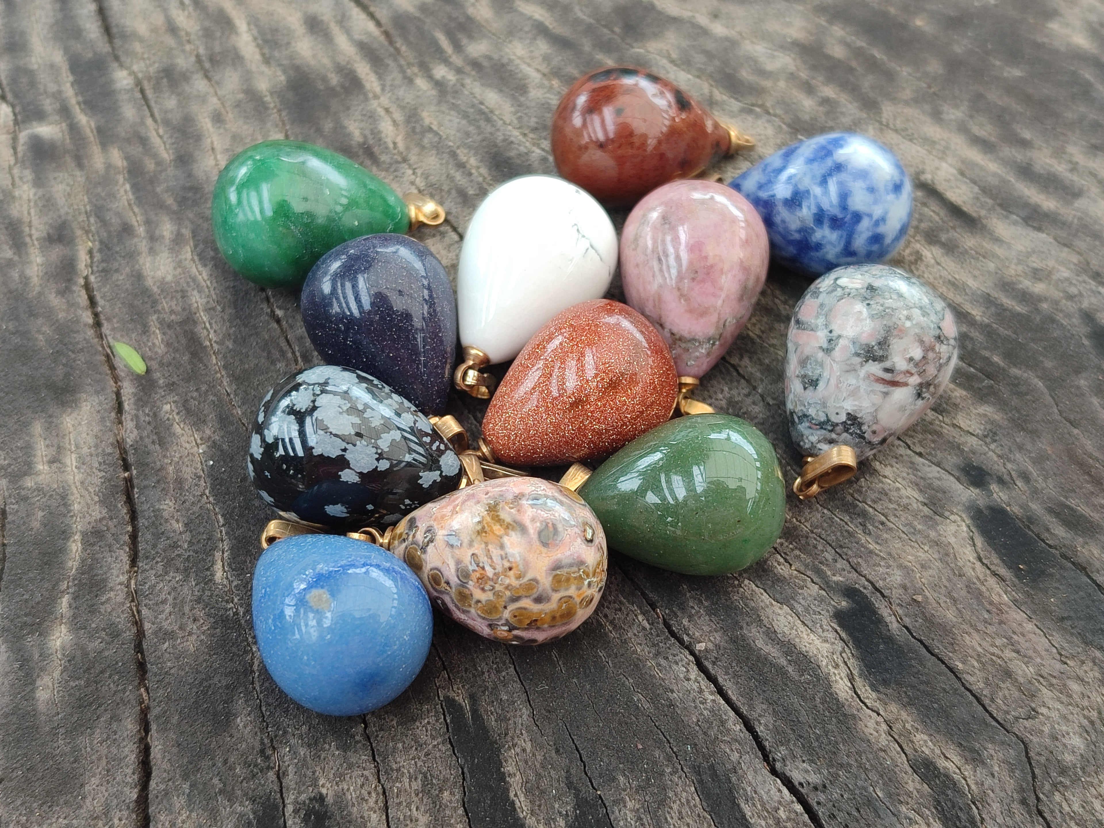 Hand Made Mixed Box Set of 12 Mini Gemstone Teardrop Pendants with Gold Clasp - Sold Per Box - From World - Toprock Gemstones and Minerals 