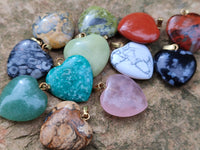Hand Made Mixed Box Set of 12 Mini Gemstone Heart Pendants with Gold Clasp - Sold Per Box - From World