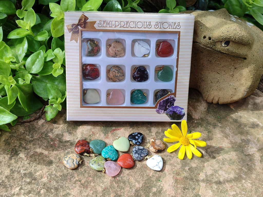 Hand Made Mixed Box Set of 12 Mini Gemstone Heart Pendants with Gold Clasp - Sold Per Box - From World - Toprock Gemstones and Minerals 