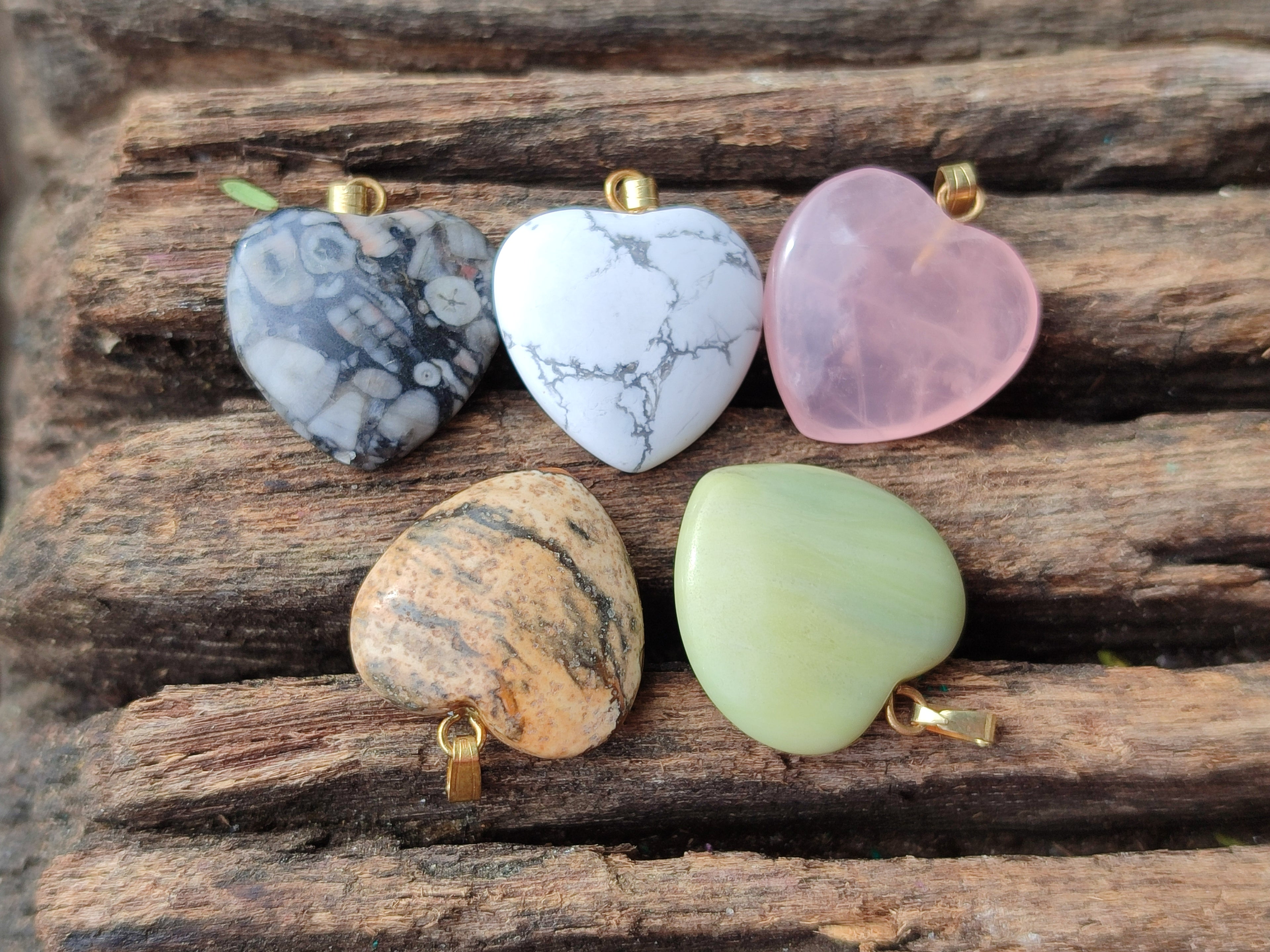 Hand Made Mixed Box Set of 12 Mini Gemstone Heart Pendants with Gold Clasp - Sold Per Box - From World - Toprock Gemstones and Minerals 