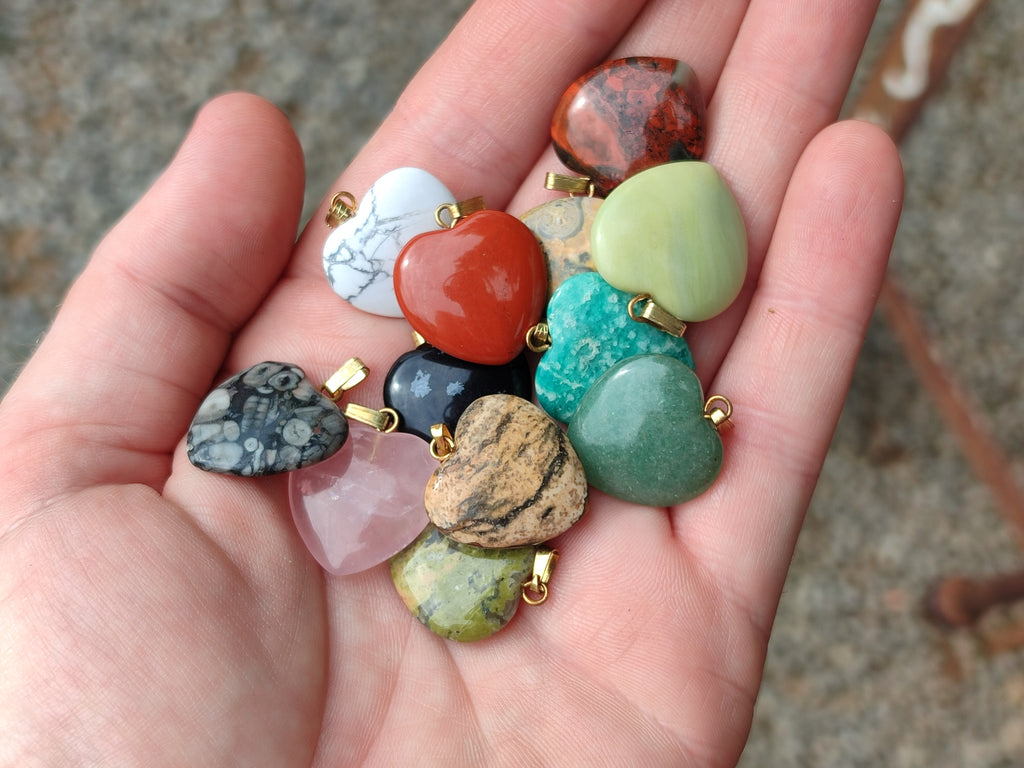 Hand Made Mixed Box Set of 12 Mini Gemstone Heart Pendants with Gold Clasp - Sold Per Box - From World - Toprock Gemstones and Minerals 