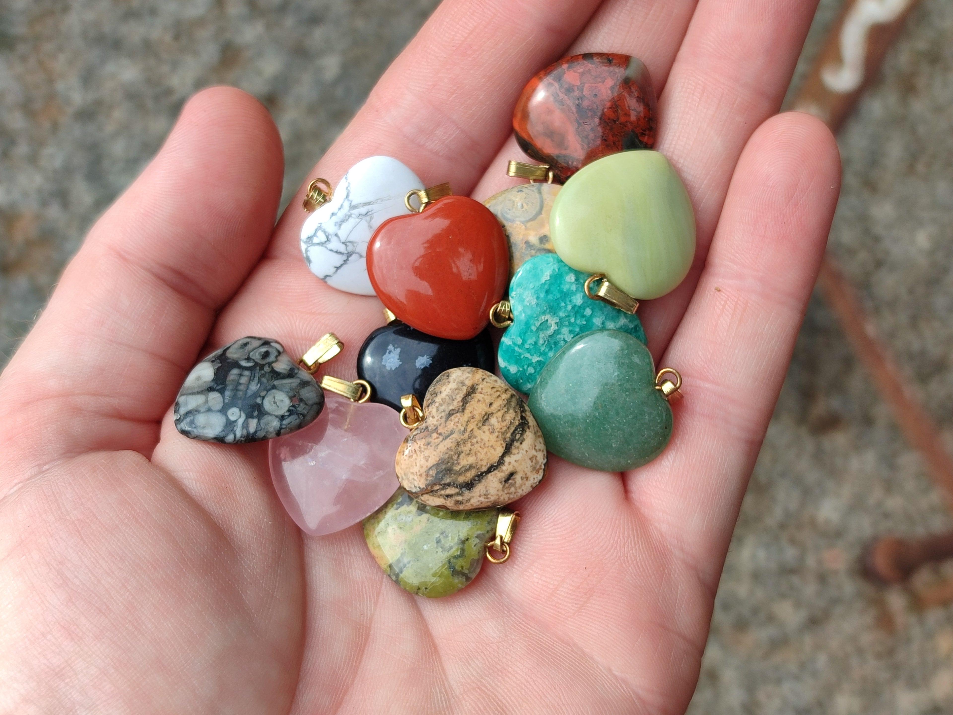 Hand Made Mixed Box Set of 12 Mini Gemstone Heart Pendants with Gold Clasp - Sold Per Box - From World - Toprock Gemstones and Minerals 