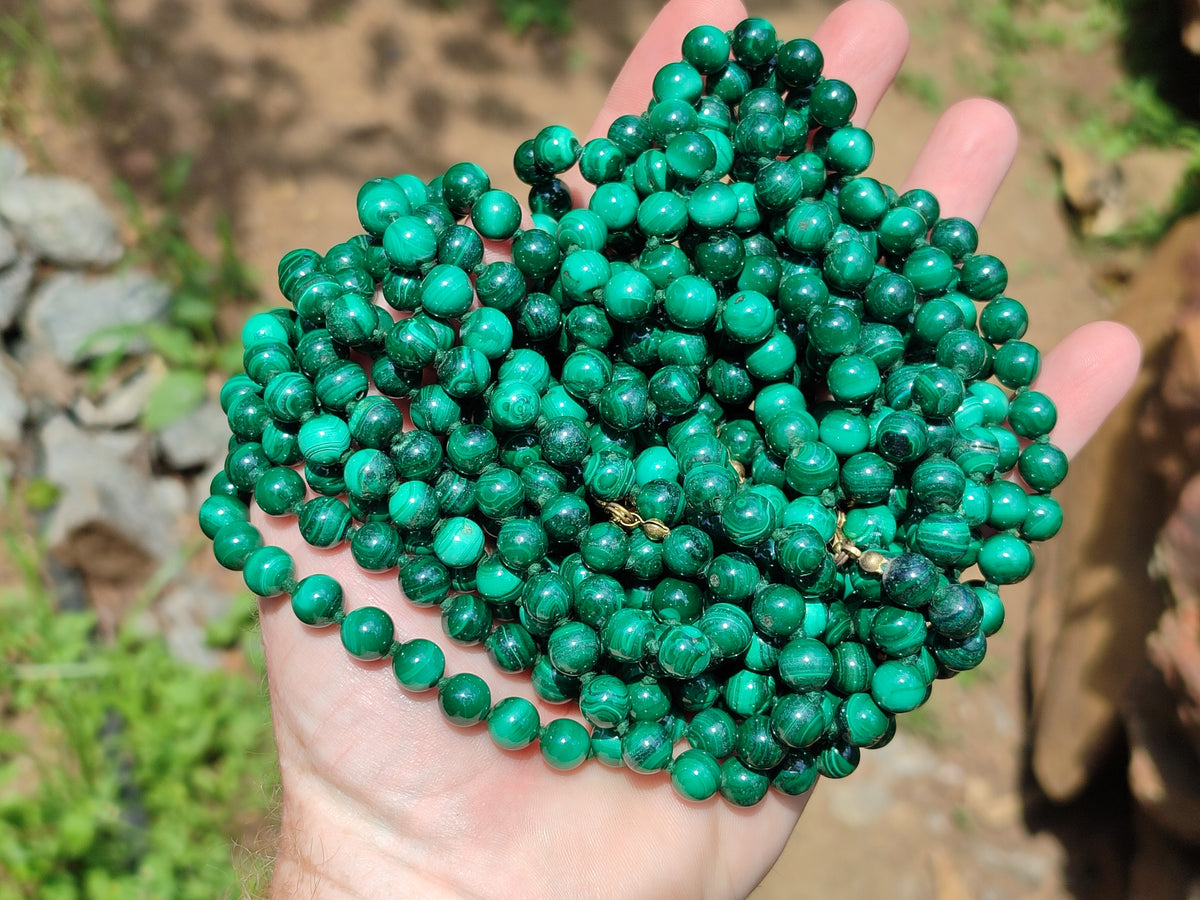 Polished Malachite Ball Shaped 8 mm Beaded Necklace - Sold Per Item- From Congo - Toprock Gemstones and Minerals 