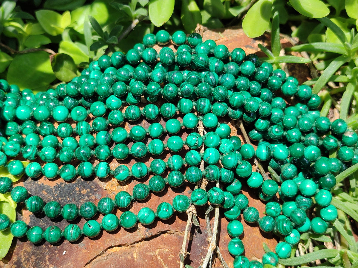 Polished Malachite Ball Shaped 8 mm Beaded Necklace - Sold Per Item- From Congo - Toprock Gemstones and Minerals 