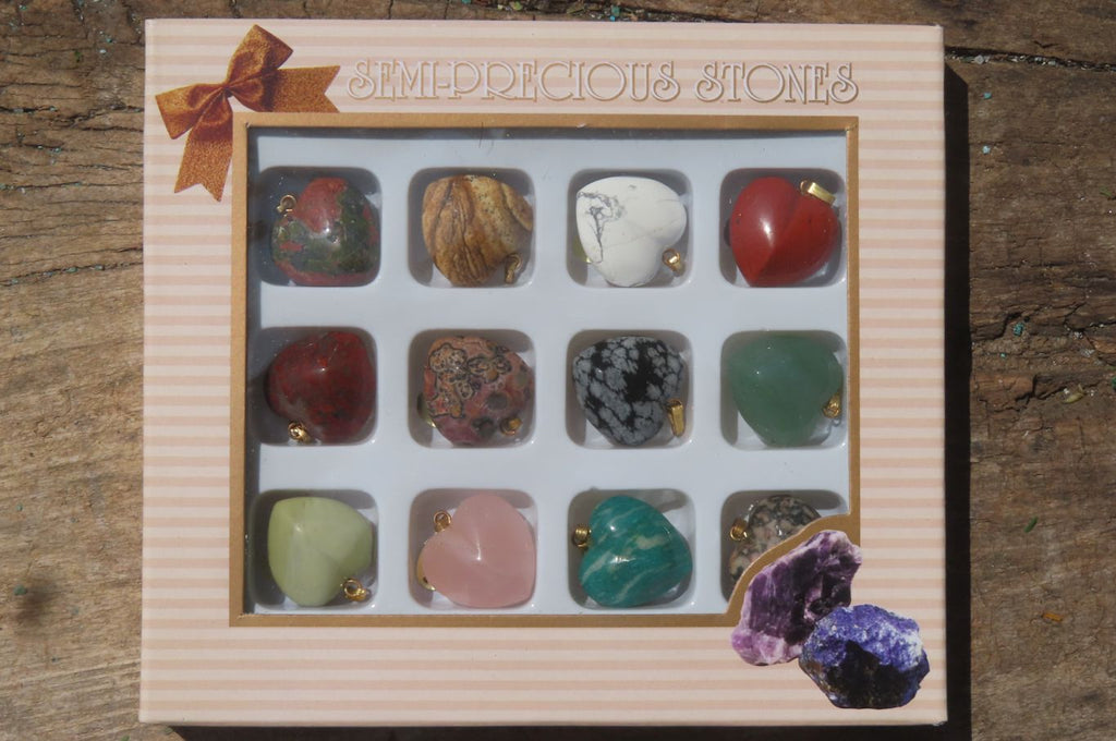 Polished Mixed Box Set of 12 Convex Gemstone Heart Pendants - Sold Per Box - From Southern Africa - Toprock Gemstones and Minerals 