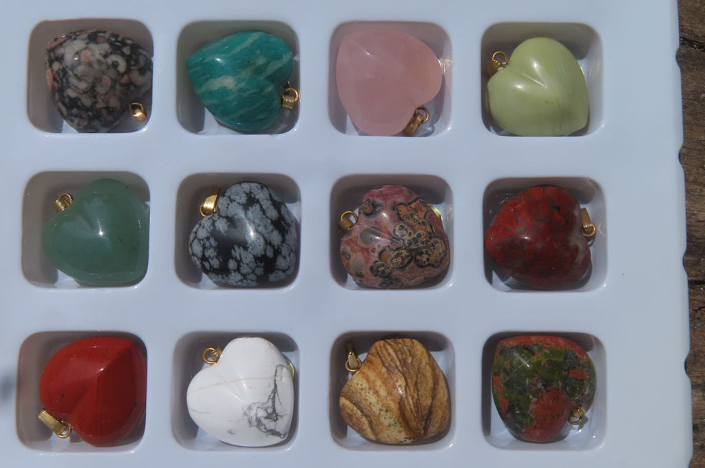 Polished Mixed Box Set of 12 Convex Gemstone Heart Pendants - Sold Per Box - From Southern Africa - Toprock Gemstones and Minerals 