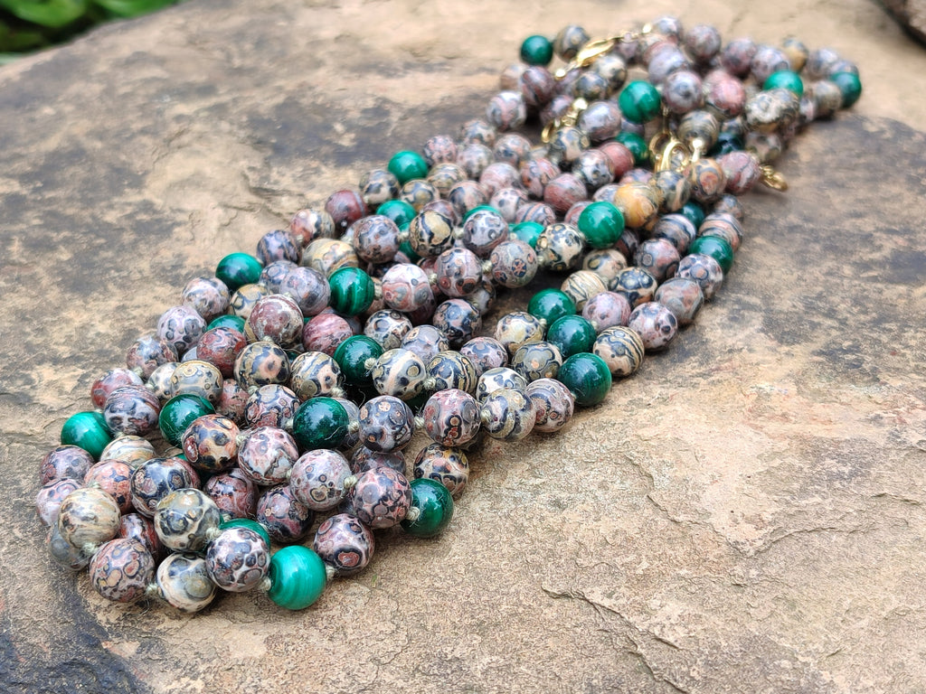 Polished Snakeskin Rhyolite Jasper and Malachite Bead Necklace - Sold per Item- From Australia - Toprock Gemstones and Minerals 