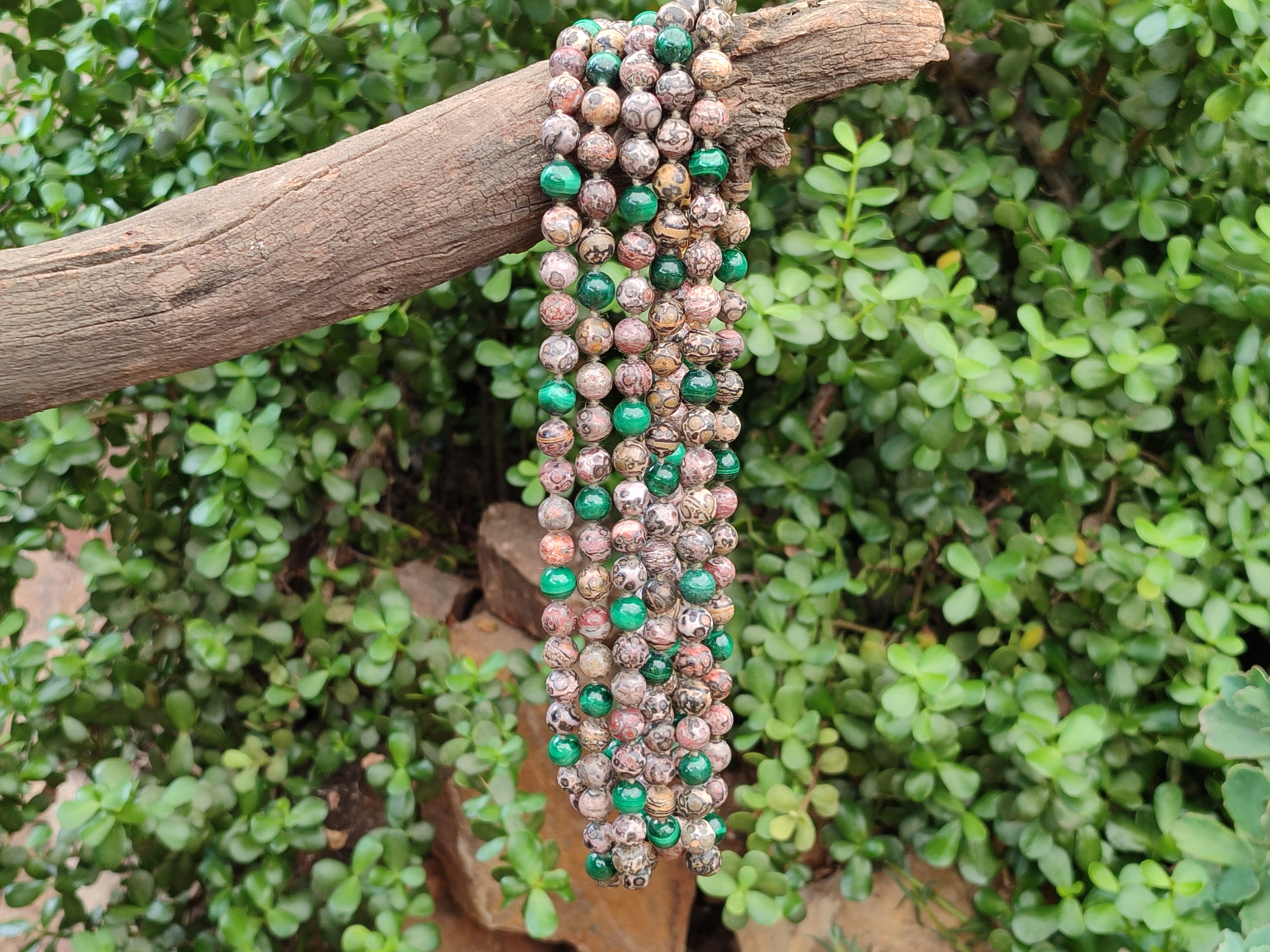 Polished Snakeskin Rhyolite Jasper and Malachite Bead Necklace - Sold per Item- From Australia - Toprock Gemstones and Minerals 