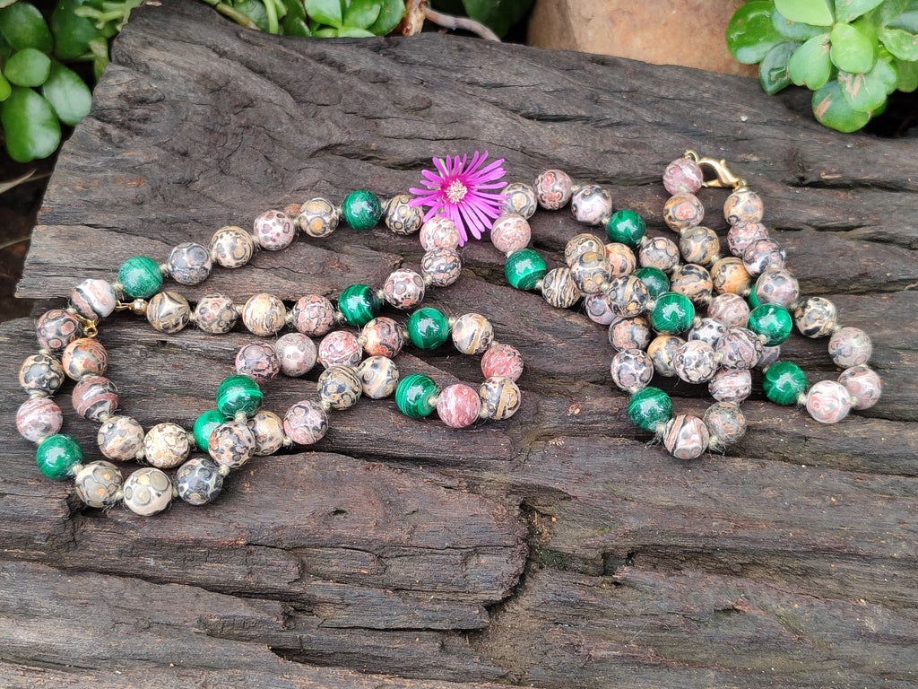 Polished Snakeskin Rhyolite Jasper and Malachite Bead Necklace - Sold per Item- From Australia - Toprock Gemstones and Minerals 