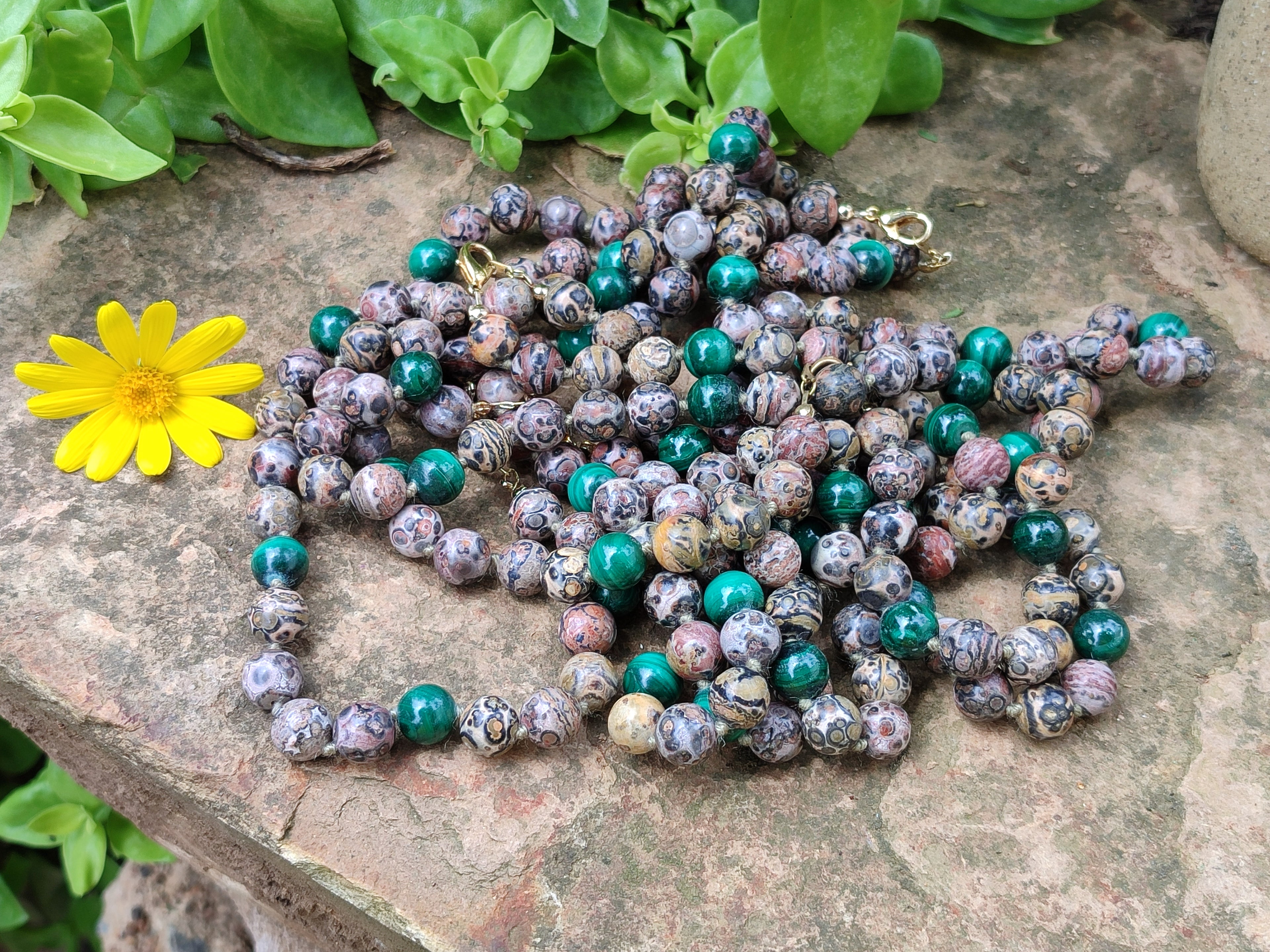 Polished Snakeskin Rhyolite Jasper and Malachite Bead Necklace - Sold per Item- From Australia - Toprock Gemstones and Minerals 
